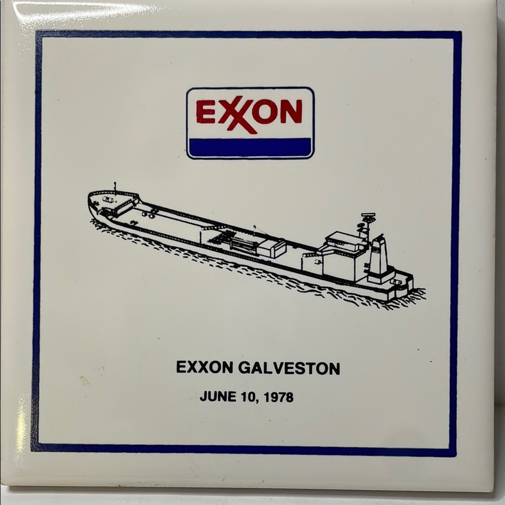 Exxon Galveston Commemorative Ship Tile Coaster Plaque 4"x4" CorkBack June 10 78